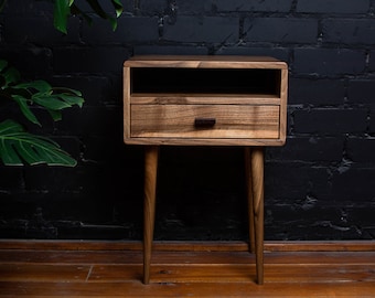 Mid Century Solid Walnut Nightstand – Handmade Wooden Bedside Table