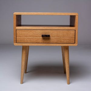 Mid-Century Modern Oak Wooden Nightstand - Handmade Bedside Table with Drawer, Durable Matte Finish