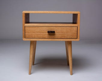 Mid-Century Modern Oak Wooden Nightstand - Handmade Bedside Table with Drawer, Durable Matte Finish