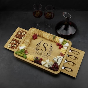 Personalized Bamboo Charcuterie Board Set with Cutlery Drawer and Snack Compartments – Gift for Weddings, Christmas & More