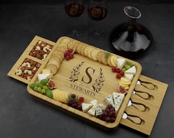 Personalized Bamboo Charcuterie Board Set with Cutlery Drawer and Snack Compartments – Gift for Weddings, Christmas & More