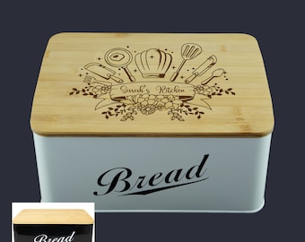 Personalized Modern Metal Bread Box with Bamboo Lid, Bread Storage, Kitchen Decor