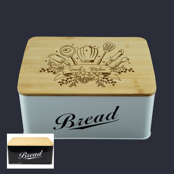 Personalized Modern Metal Bread Box with Bamboo Lid, Bread Storage, Kitchen Decor