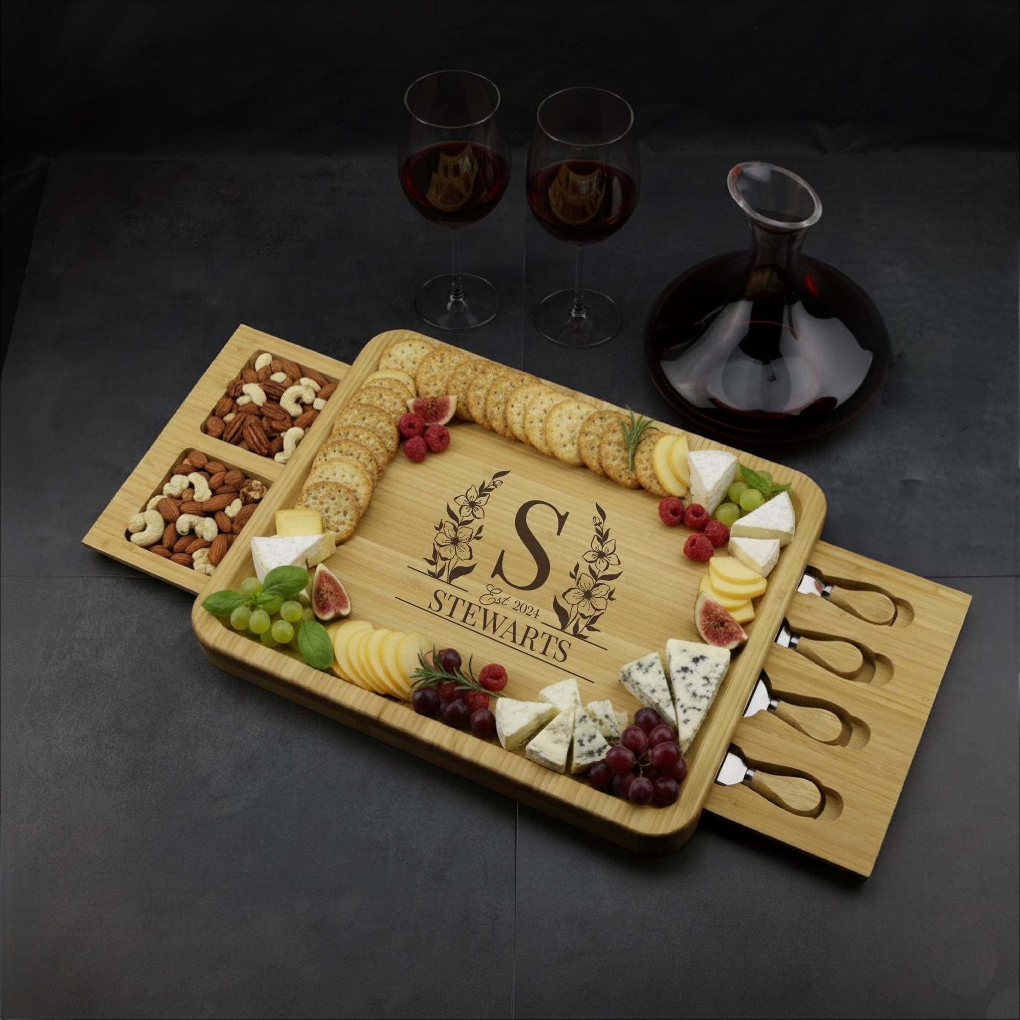 Personalized Bamboo Charcuterie Board Set With Cutlery Drawer and Snack ...