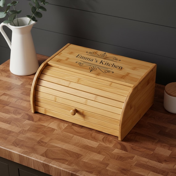 Personalized Natural Bamboo Bread Box - Kitchen Food Storage - Birthday Gift - Housewarming Gift - Mom gift