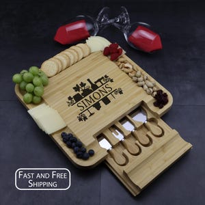 Personalized Bamboo Charcuterie Board and Knife Set, Wine Design, Serving Tray for Crackers, Meat and Wine