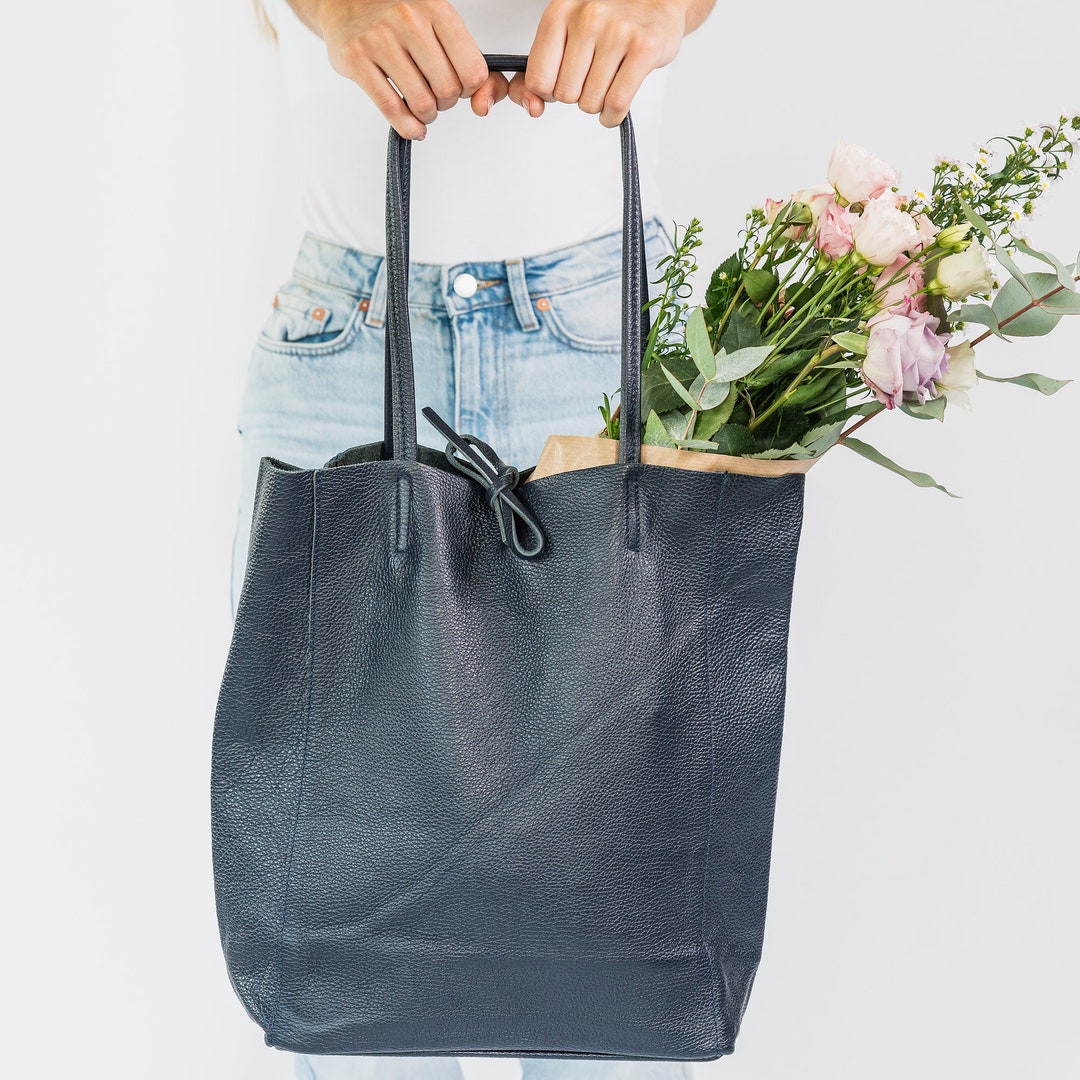Navy Leather Tote Shopper, Navy Leather Shoulder Bag, Navy Market Bag ...