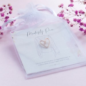 Gold or Silver little heart outline modesty pin on our bespoke gift card, ready for gifting, extra button pin for ladies blouses, cleavage pin, stop gaping blouses, pin them, Cute gift for daughter, friend, neighbour, sister.