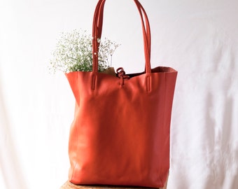 Gebrannte Orange Tote Shopper, Weiche Leder Tote Orange, Bunte Shopper, Ungefüttert Weiches Leder Tote, Einkaufstasche Leder, Markttasche Orange