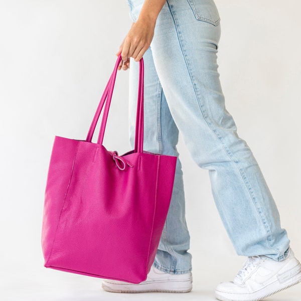 Cerise Leather Tote Handbag, Pink Leather Shopper, Laptop Handbag, Tie Top Shopper, Market Bag Pink, Fuschia Handbag, Large Tote Shopper