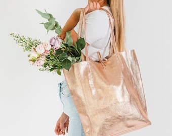 Rose Gold Leather Shopper, Tote Shopper Rose Gold Leather, Metallic Shopper, Fashion Tote, Flat Leather Tote, Laptop Handbag, Soft Leather