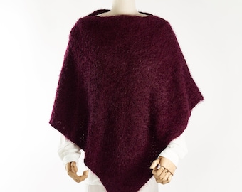 Poncho tricoté doux Merlot, Poncho couleurs d’automne, Poncho taille unique, Col Slash, Super doux, Mode d’automne confortable, Poncho chaud Bourgogne,