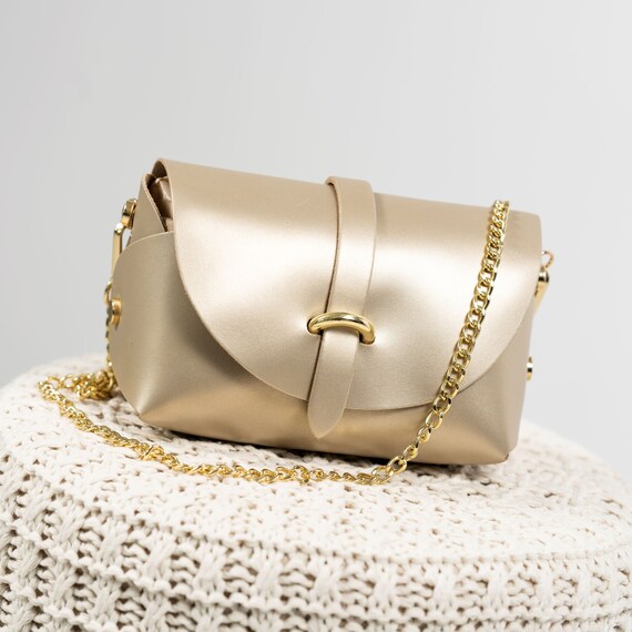 Gold Leather Crossbody Bag Chain Strap Small Crossbody -  Israel