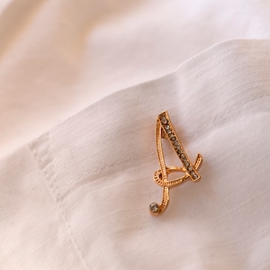 Initial Pin Badge, Gold and Diamante Lapel Pin, A-Z Gold Pin, Curly Font Initial Brooch, Crystal Initial Pin, Letter Brooch Gold, Push Pin