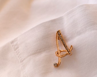 Initial Pin Badge, Gold and Diamante Lapel Pin, A-Z Gold Pin, Curly Font Initial Brooch, Crystal Initial Pin, Letter Brooch Gold, Push Pin