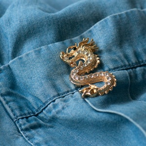 Dragon Brooch, Gold Dragon Brooch, Chinese Dragon Pin, Diamante Stone Gold Dragon, Fiery Dragon Gold Brooch, Lapel Pin Dragon,Sparkly Dragon