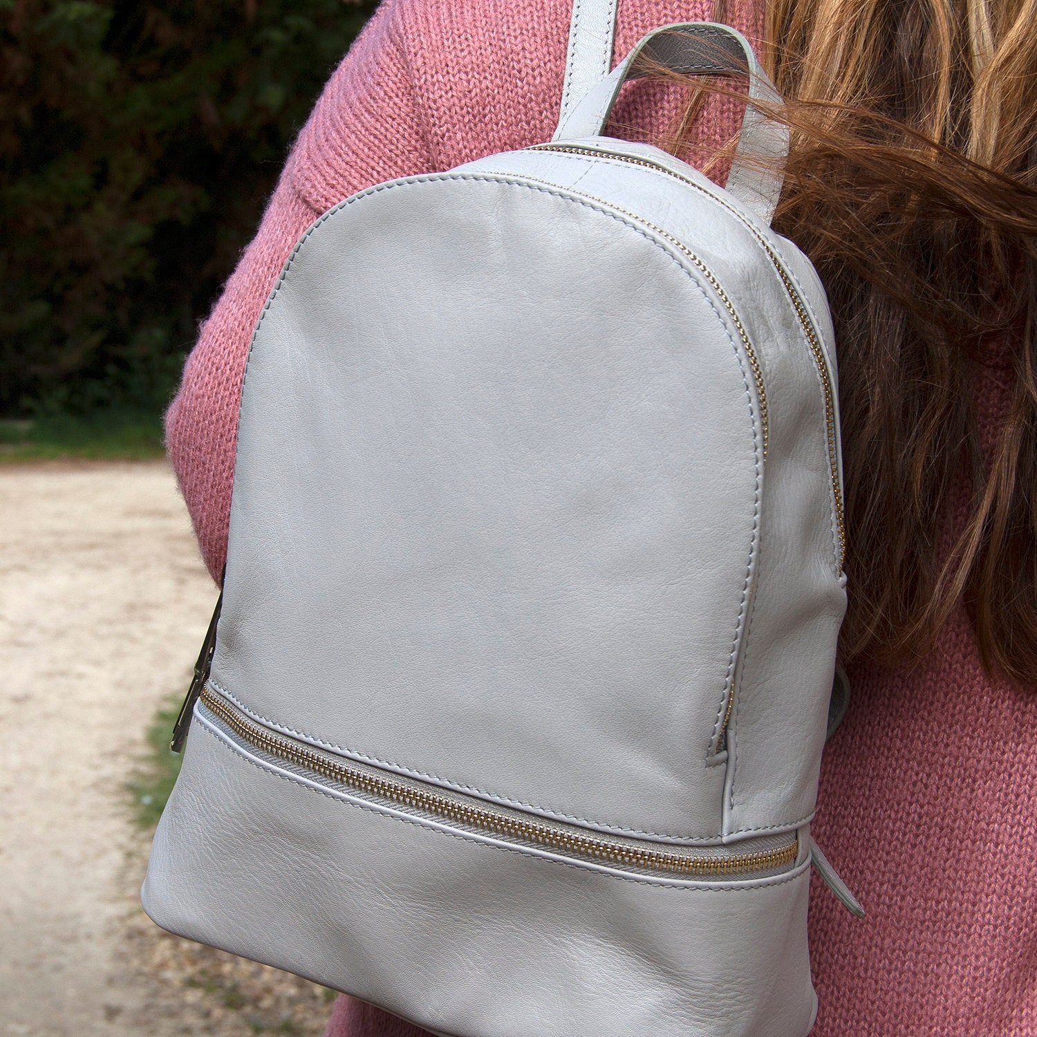 womens grey leather backpack