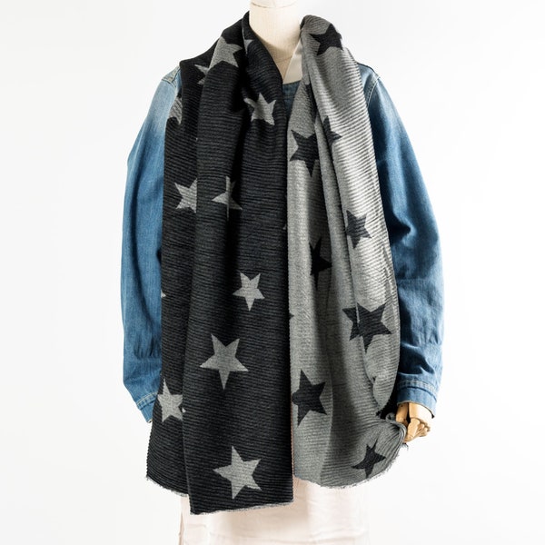 Double Sided Star Scarf, Black and Grey Star Scarf, Warm Winter Personalised Scarf, Star Wrap, Name Scarf Gift Giftboxed, Large Star Shawl