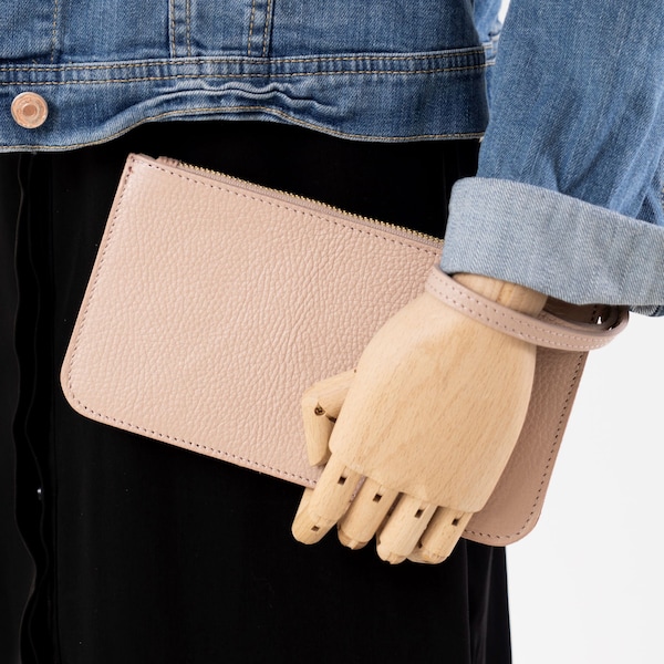 Rauch Rose Pebbled Leder Clutch Tasche, Rose Pink Leder Clutch Geldbörse, Rauch Rose, Tages Clutch, gefütterte kleine Clutch, Armband