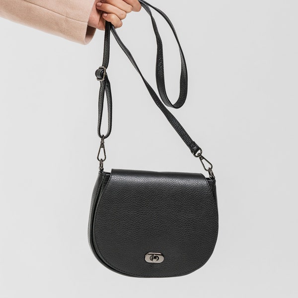 Black Leather Saddlebag Handbag, Personalised Saddlebag Black, Shoulder Bag Black Leather, Name Handbag Gift, Crossbody Bag Black Giftwrap