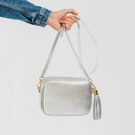 White Silver Crossbody Bag, Soft Metallic Silver and White Leather