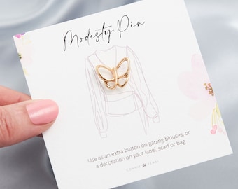 Butterfly Modesty Pin Gold or Silver, Low Top Pin, Extra Button Pin, Scarf Bag Pocket Pin, Giftboxed Pin, Butterfly Lapel Pin Gold Silver