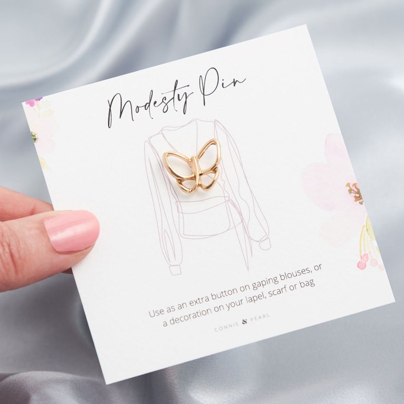 Gold or Silver little dainty butterfy outline modesty pin on our bespoke gift card, ready for gifting, extra button pin for ladies blouses, cleavage pin, stop gaping blouses, pin them, Cute gift for daughter, friend, neighbour, sister.