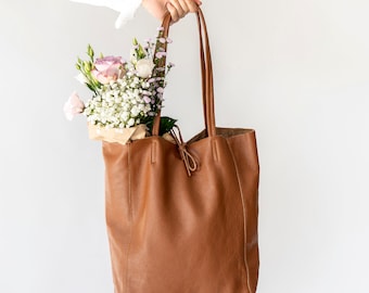 Caramel Leather Tote, Brown Tote Shopper, Shoulder Bag Brown, Market Bag Caramel, Unlined Leather Tote, Brown Leather Handbag, Brown Bag