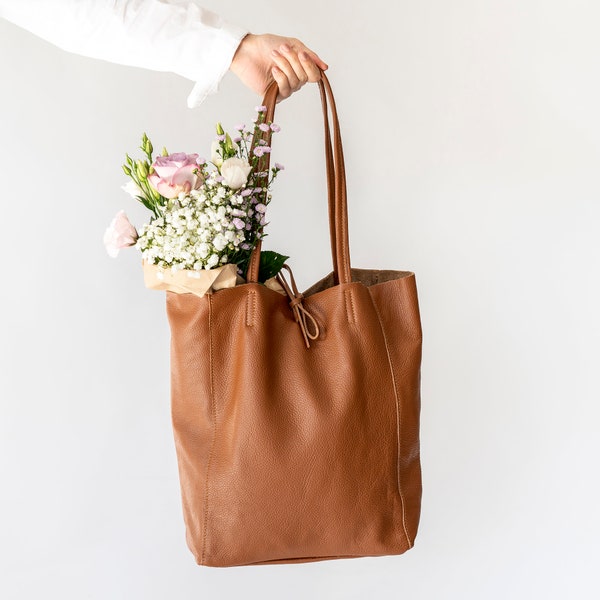 Caramel Leather Tote, Brown Tote Shopper, Shoulder Bag Brown, Market Bag Caramel, Unlined Leather Tote, Brown Leather Handbag, Brown Bag