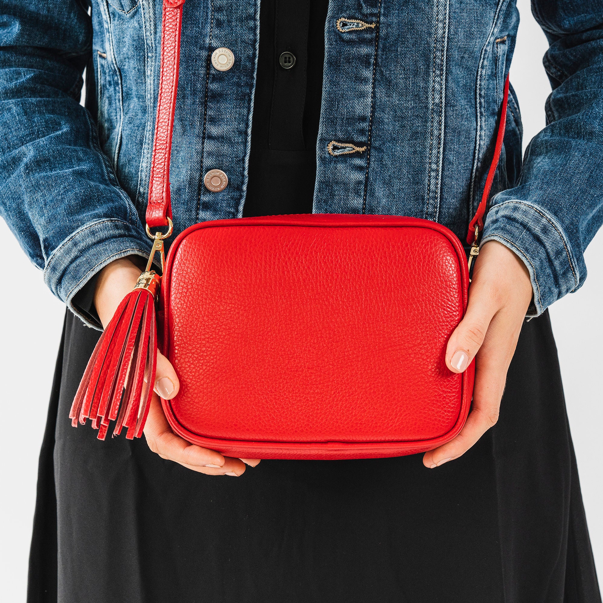 Red Leather Box Handbag Camera Bag Personalised -