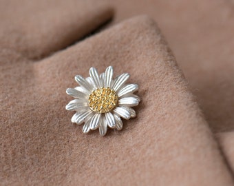 Insignia Daisy Pin, Margarita de plata y oro, Alfiler de flores, Alfiler de solapa, Regalo para mamá, Regalo del Día de la Madre, Broche de flores, Alfiler floral, Margarita