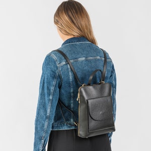 Black Leather Rucksack, Small City Rucksack, Ladies Smart Leather Backpack, Daypack, Minimalist Leather Backpack, Black Adjustable Cute image 1