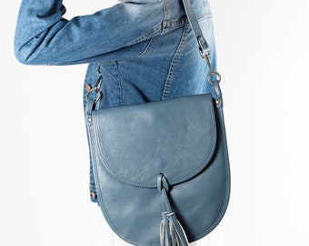 Grande sacoche en cuir bleue pour femmes, Sac bandoulière à pampilles Bleu, Sac à bandoulière en cuir souple bleu, Cuir grainé