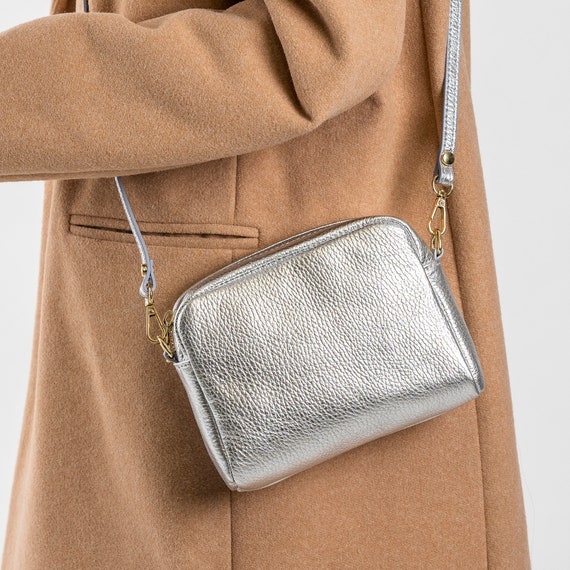 Small Leather Bag in SILVER .cross Body Bag Shoulder Bag / 