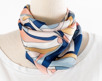 Arty kleine zijden gevoel vierkante sjaal, 50cm kleurrijke sjaal, haar stropdas sjaal, tas of pols sjaal, zijdeachtige vierkante Art Design sjaal, blauw roze modern