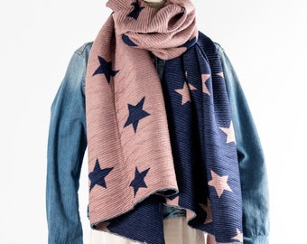 Reversible Star Scarf, Two colour Scarf Pink and Navy, Warm Winter Scarf, Personalised Scarf Gift, Giftboxed Scarf Gift, Winter Shawl Stars