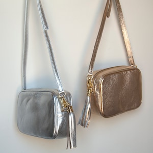 Leather Cross body bag, Personalised Shoulder Bag, Metallic Leather Handbag, Over body Bag, Gold Handbag, Crossbody Bag Silver, Tassel Bag