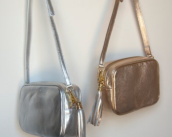 Leather Cross body bag, Personalised Shoulder Bag, Metallic Leather Handbag, Over body Bag, Gold Handbag, Crossbody Bag Silver, Tassel Bag
