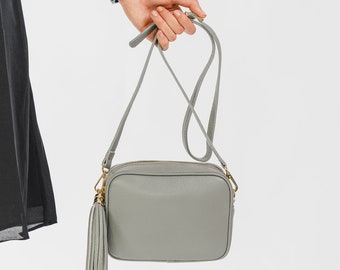 Dove Grey Leather Box Handbag, Camera Bag Grey, Tassel Crossbody Bag Grey, Crossbody Handbag Grey, Personalised Handbag Gift, Shoulder Bag