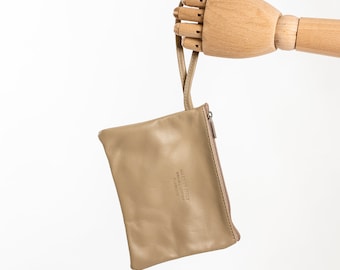 Coffee Soft Leather Wristlet, Taupe Clutch Purse Leather, Soft Leather Clutch Bag Taupe, Evening Bag Taupe Leather, Daytime Clutch Taupe,