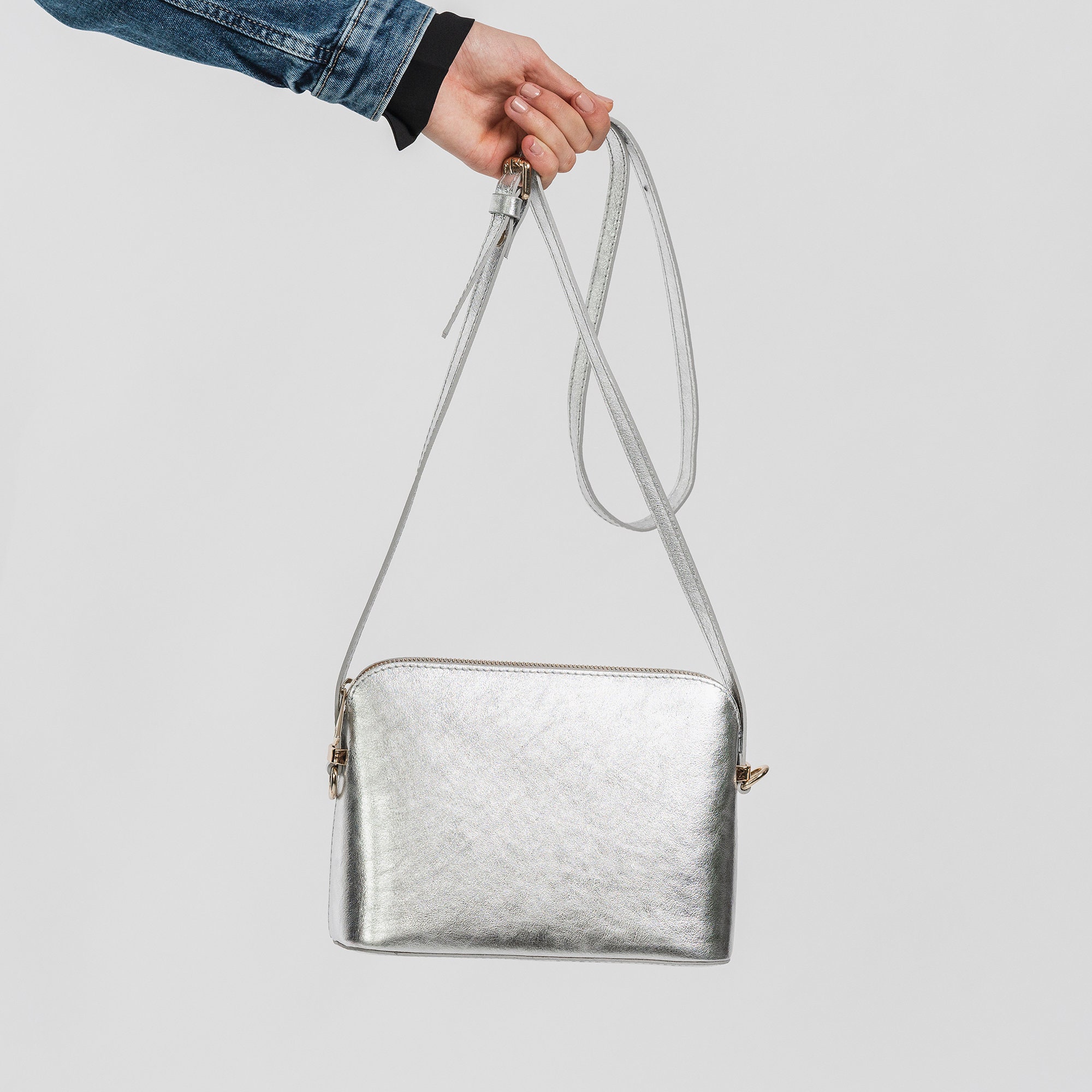 White Silver Crossbody Bag, Soft Metallic Silver and White Leather