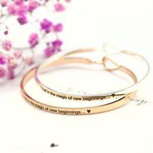 Trust In The Magic Of New Beginnings Quote Bangle, New Chapter Bangle Silver or Gold, Skinny Brass Bangle, New Job Gift, Leavers Gift, Gap