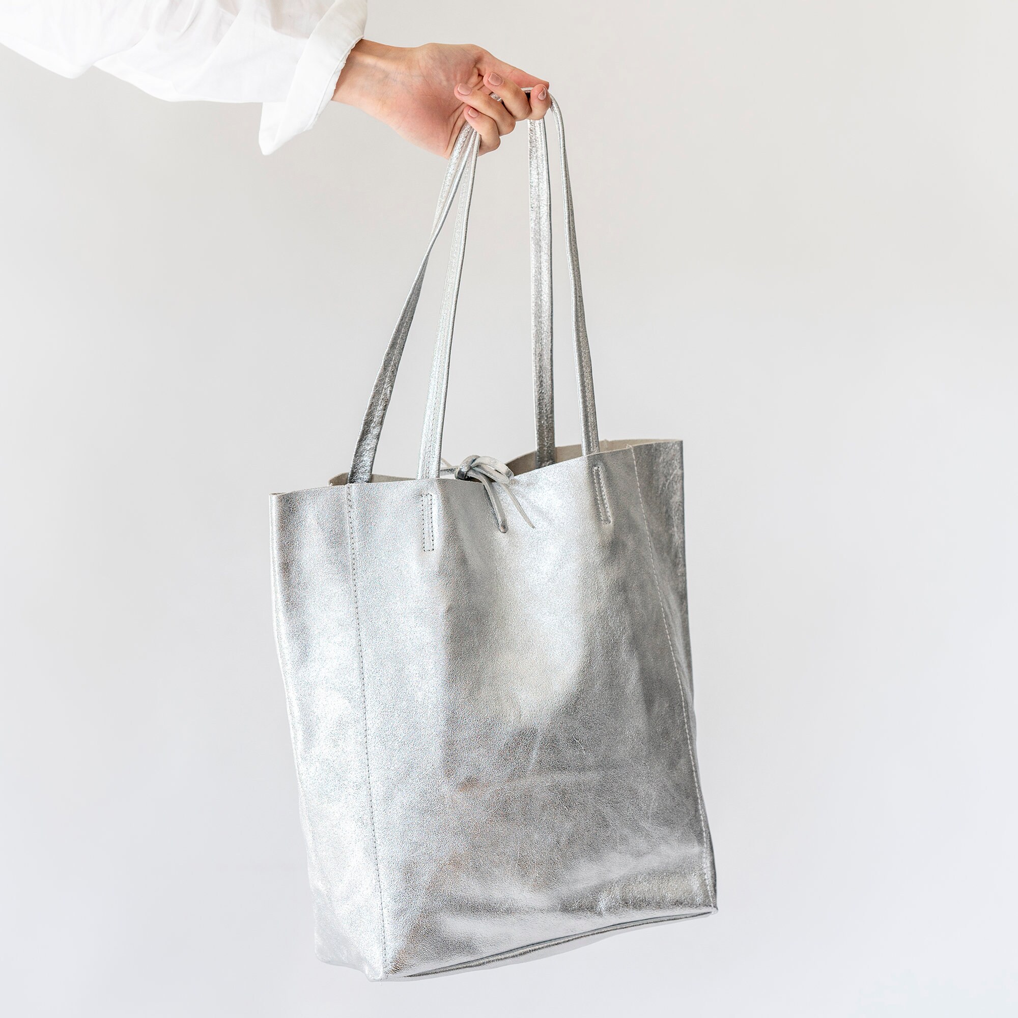 Silver Metallic Leather Tote Soft Leather Tote Shopper Etsy UK