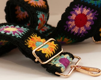 Black Crochet Handbag Strap, Colourful Crochet Strap, Detachable Strap, Adjustable Bag Strap, Crossbody Shoulder Handbag Strap,Boho Festival