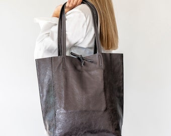 Pewter Leather Tote, Metallic Leather Shopper, Laptop Bag, Large Leather Tote, Pewter Casual Shopper, Tie Top Bag, Unlined Tote, Market Bag