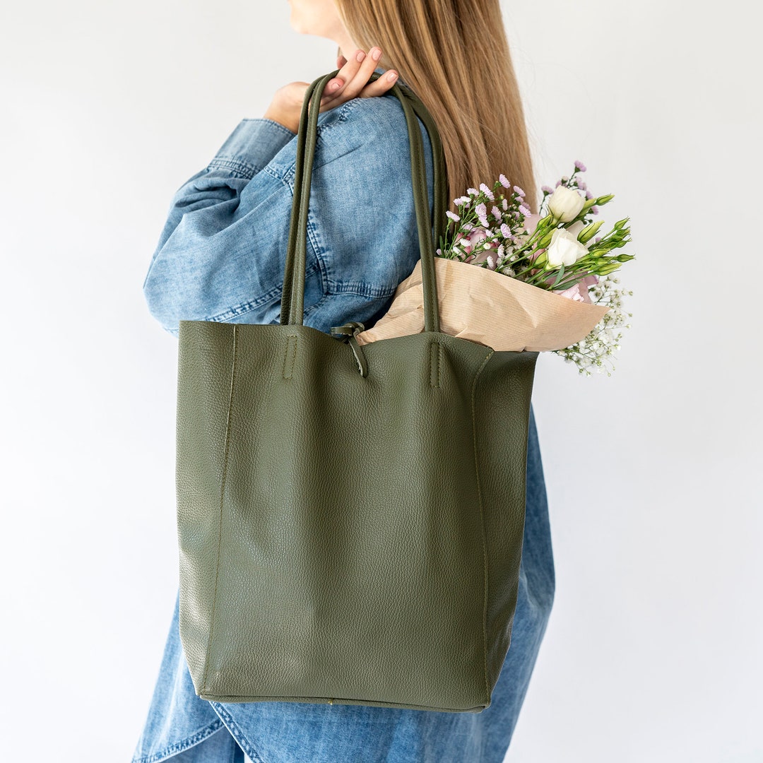 Olive Green Tote Leather Shopper, Olive Shopper, Soft Leather Tote