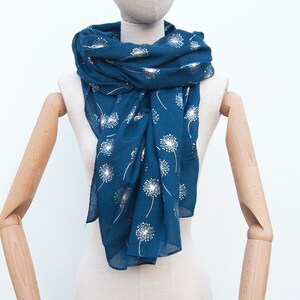 Navy Dandelion Summer Scarf, Foil Print Scarf, Flower Pattern Scarf, Nature Lover Gift, Gardener Gift, Blue Shawl, Personalised Initial Gift