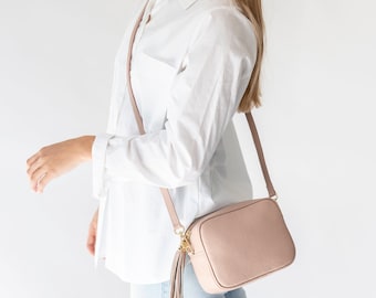 Smoke Rose Crossbody Leather Handbag, Personalised Leather Box Bag, Leather Camera Bag, Pastel Leather Box Handbag, Crossbody Handbag Pink,