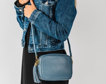 Denim Blue Leather Box Handbag Personalised Leather Handbag 