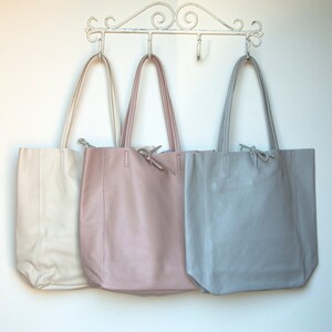 Italienische Leder-Einkaufstasche, Leder-Einkaufstasche, Tote Shopper Pink, Pastell-Leder-Shopper, große Ledertasche, Laptop-Handtasche, graue Handtasche